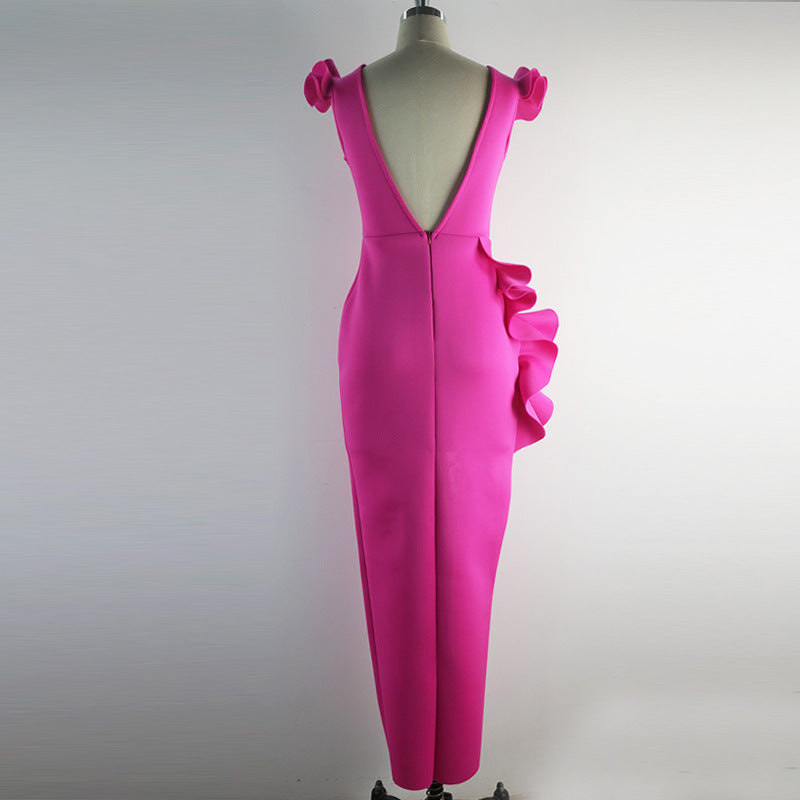 Ladies Deep V Neck Ruffle Dress Split Gown