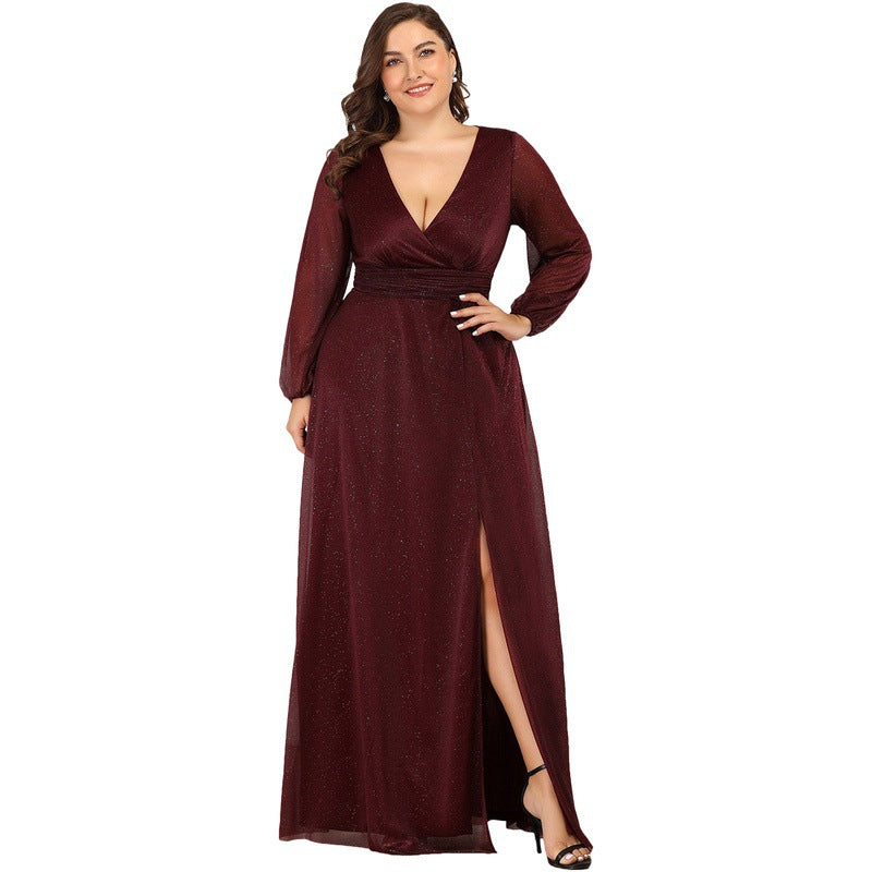 V-neck long sleeve slit party evening gown