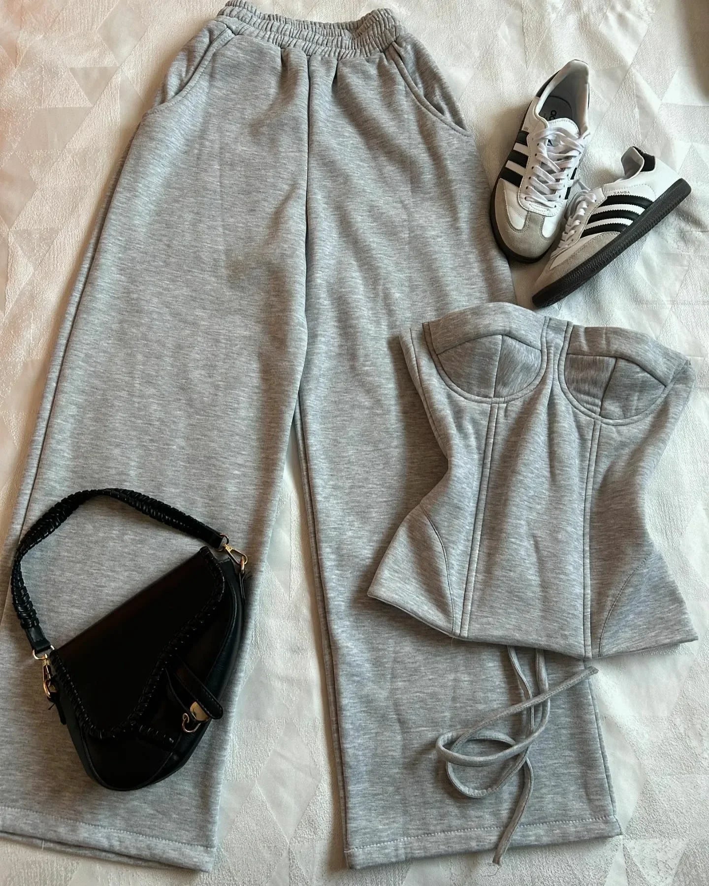 Two Piece Sets Gothic Sexy Tube Tops. High Waisted Straight Pants Sweatpants Gray Pants Suit