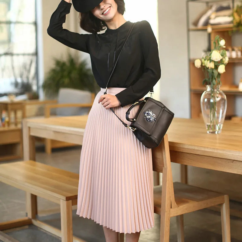 Women's High Waist Pleated Solid Color Half Length Elastic Skirt Promotions Lady Black Pink