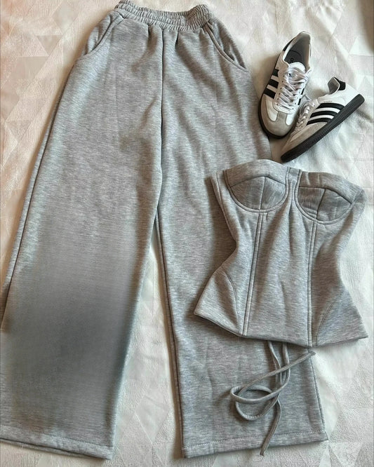 Two Piece Sets Gothic Sexy Tube Tops. High Waisted Straight Pants Sweatpants Gray Pants Suit