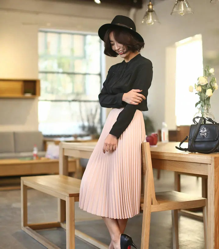 Women's High Waist Pleated Solid Color Half Length Elastic Skirt Promotions Lady Black Pink