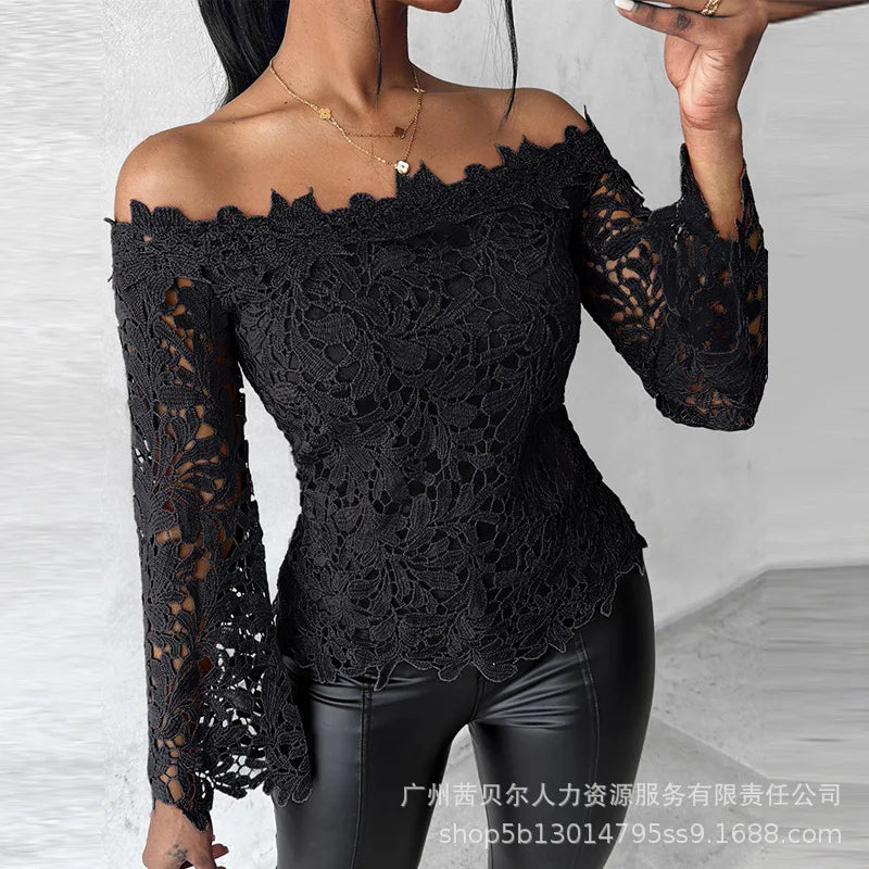 Women Tops Slash Neck Flare Sleeved Solid Pullovers Lace Casual T Shirts Elegant Lady Hollow Slight Strech Autumn 2024