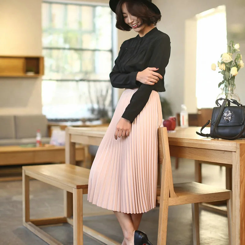 Women's High Waist Pleated Solid Color Half Length Elastic Skirt Promotions Lady Black Pink
