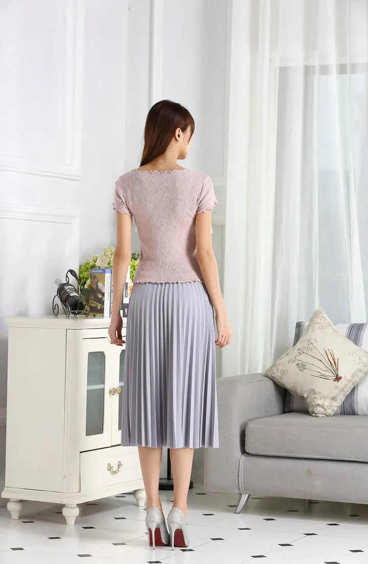Women's High Waist Pleated Solid Color Half Length Elastic Skirt Promotions Lady Black Pink