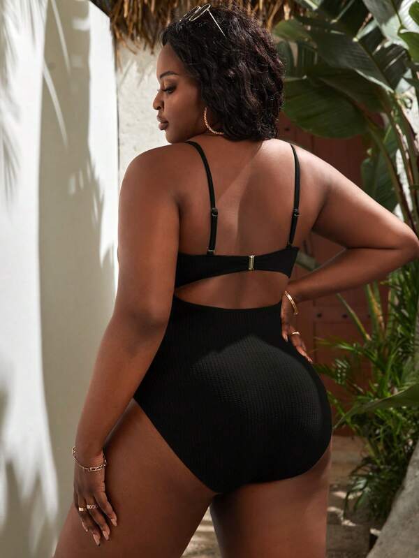 Plus Size Women's Black Slimming Sling Triangle One-piece Swimsuit
