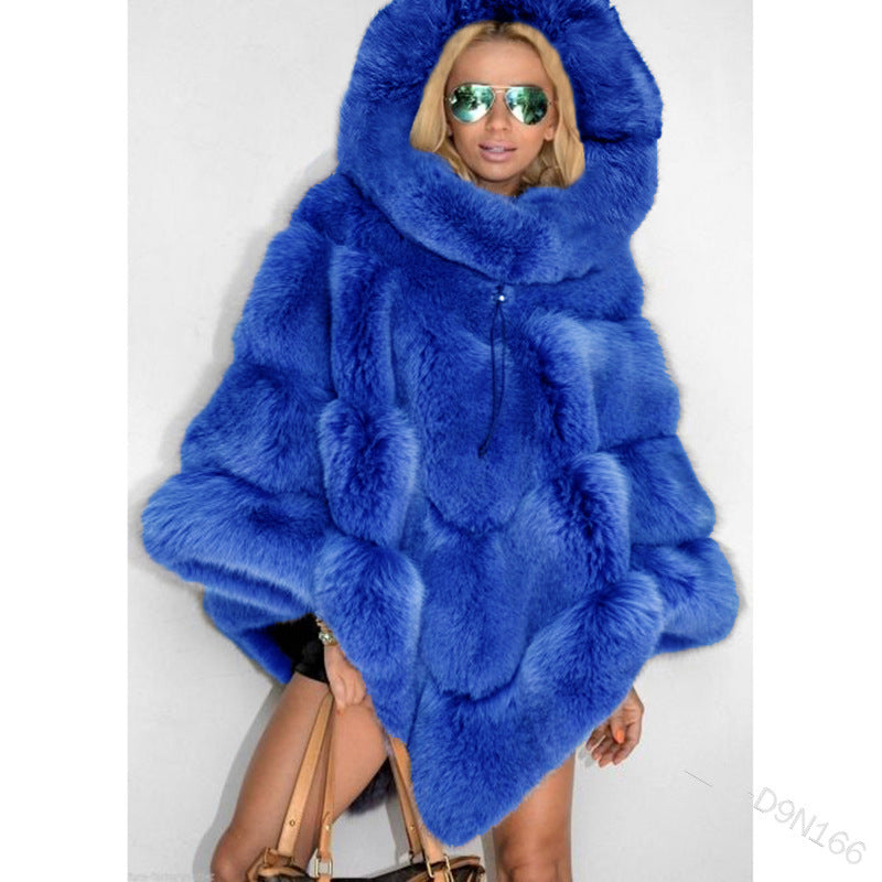 Solid Color Hooded Faux Fur Patchwork Loose Coat Elegant Commuter Cape Women's