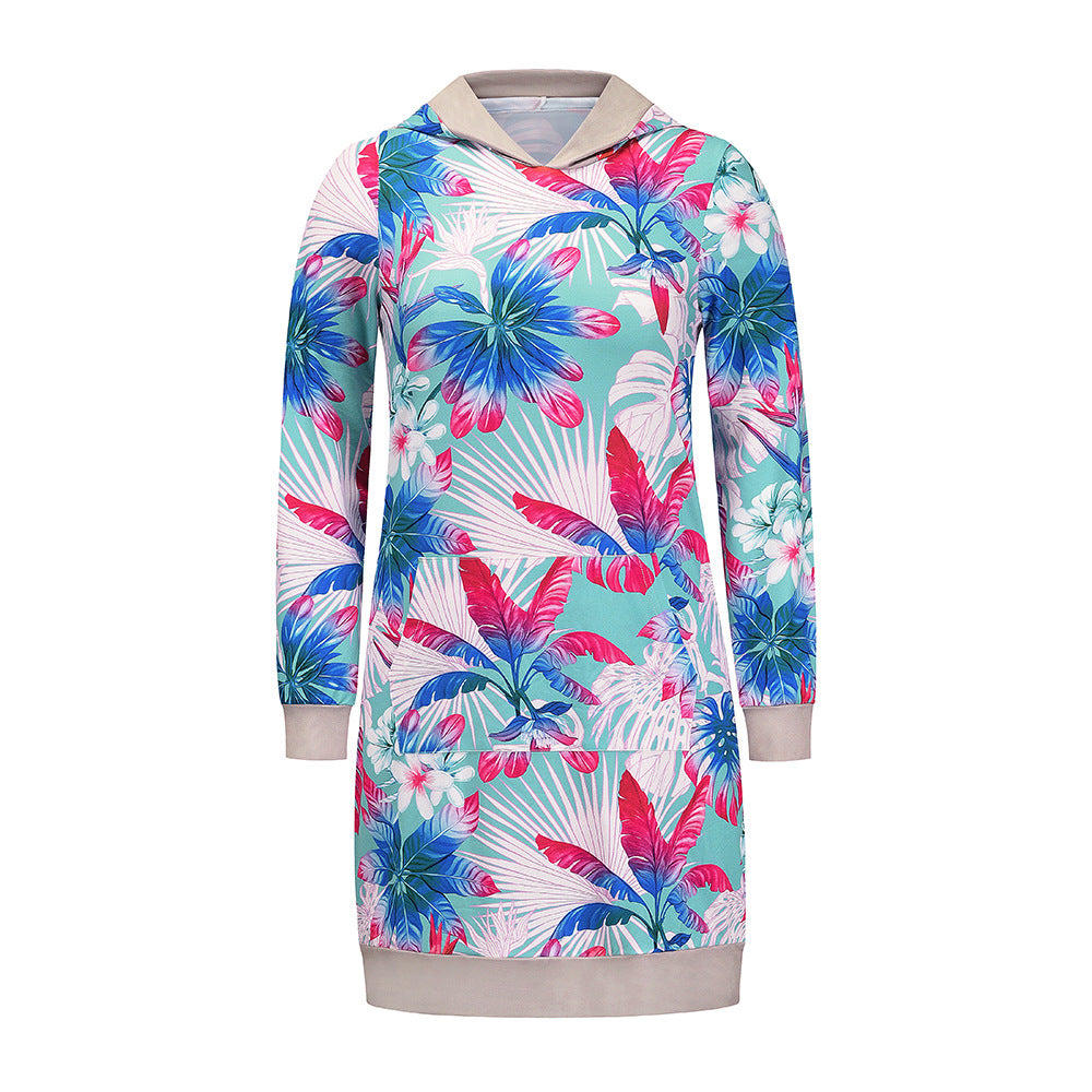 New Style Loose Long-sleeved Hooded Print Contrast Dress