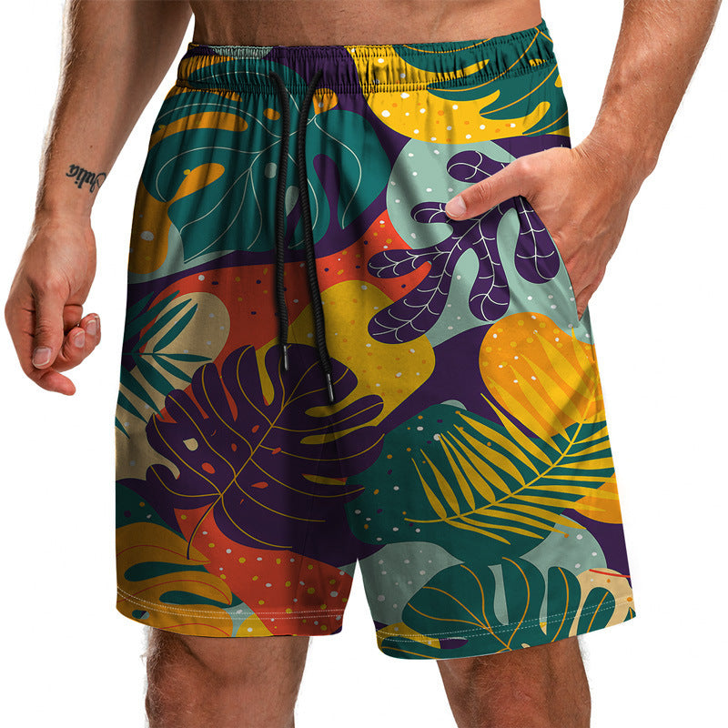 Summer New Leaf Series 3D Printed Shorts Loose Beach Pants Fashion Casual Shorts Men