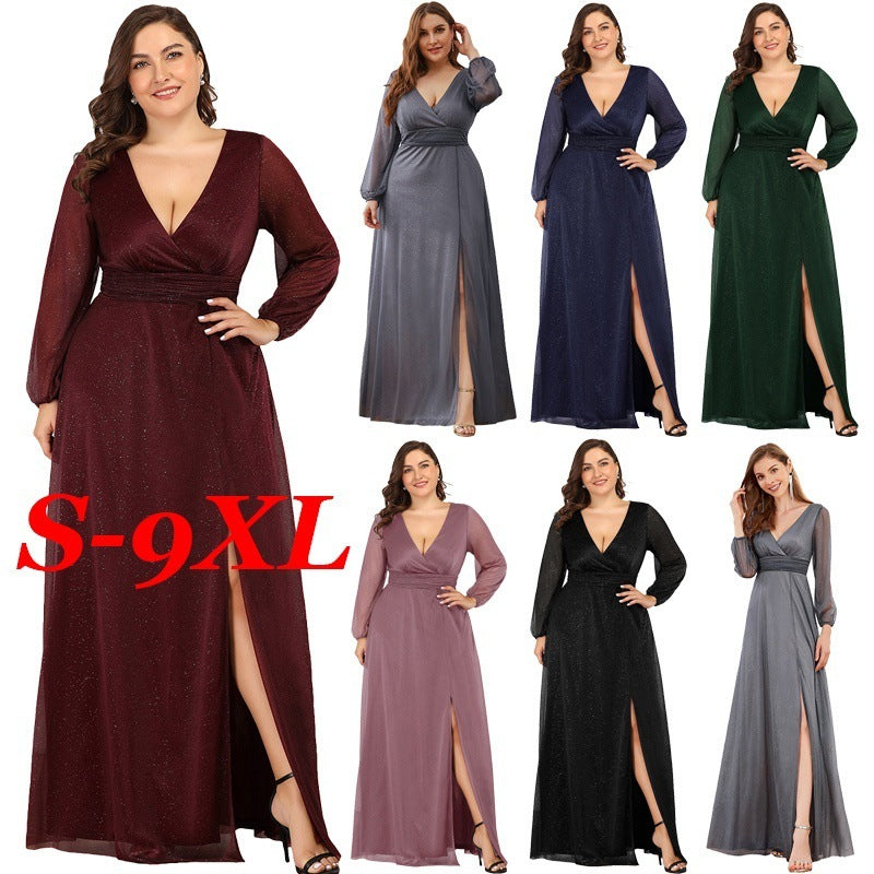 V-neck long sleeve slit party evening gown