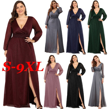 V-neck long sleeve slit party evening gown