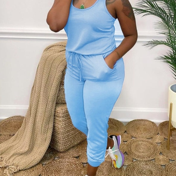 Solid Color Fashion Tight Belt Pocket Vest Jumpsuit