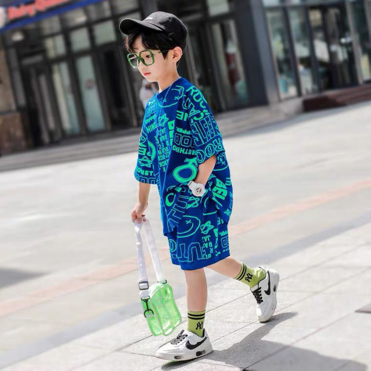 Cotton Boy Summer Suit Handsome New Wave Children's Summer Short-Sleeved Big Boy Boy Western Style Children's Clothing