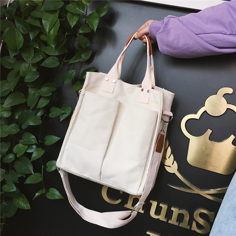 Women Bag Canvas Solid Vintage Tote Bag Bucket Shoulder Bags Handbag Korean Travel Bag Simple Style School bag Girls bag