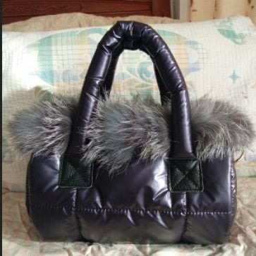 New Female Bag Space Cotton Fox Fur Straw Bag Handbag Shoulder Messenger