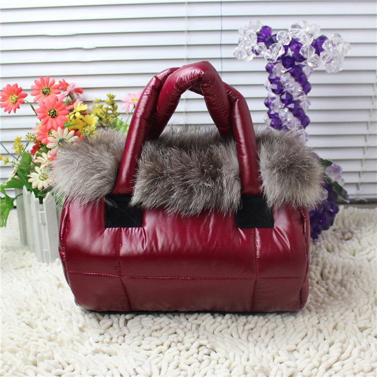 New Female Bag Space Cotton Fox Fur Straw Bag Handbag Shoulder Messenger