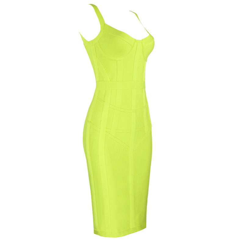 Fluorescent Yellow Solid Color Dress Sexy Sling Bag Hip Dress