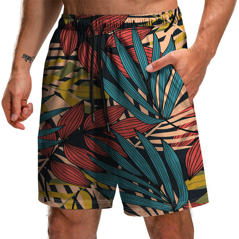 Summer New Leaf Series 3D Printed Shorts Loose Beach Pants Fashion Casual Shorts Men