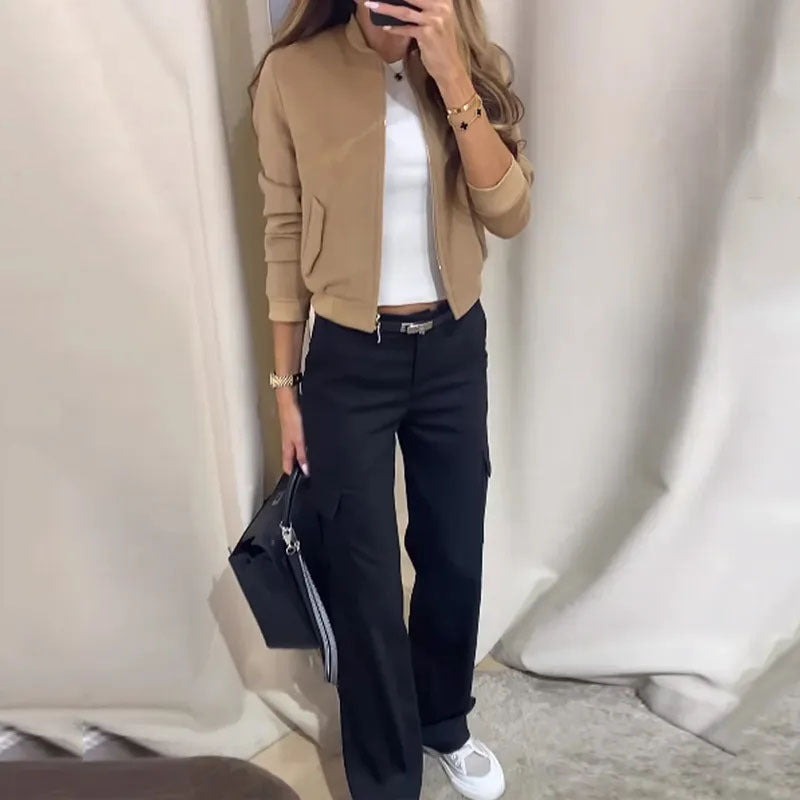 Khaki Polo Collar Short Top Straight-leg Pants Suit