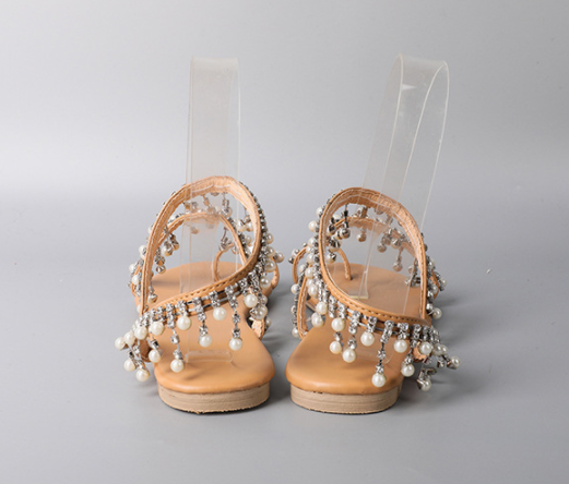 Handmade Pearl Beaded Roman Ladies Sandals Flat with Flat Toe Toe Beach Sandals