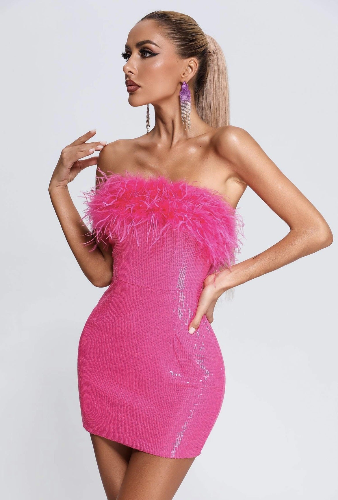 Faux Fur Stitching Sequined Party Dress