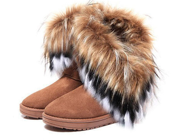 Free Shipping Winter Fur One Cotton Boots Fox Fur Rabbit Fur Snow Boots Women's Middle Tube Warm Cotton Shoes