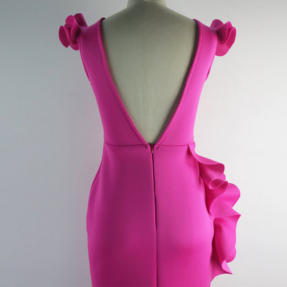 Ladies Deep V Neck Ruffle Dress Split Gown