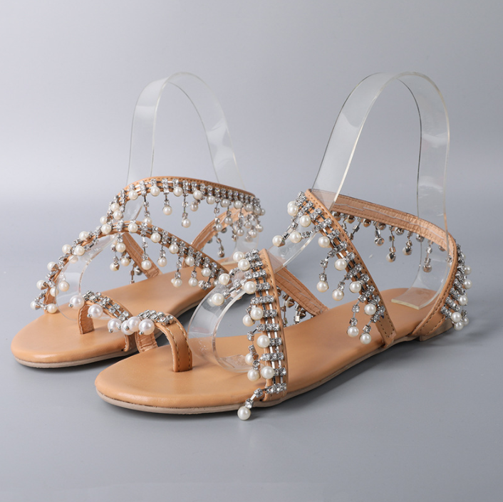 Handmade Pearl Beaded Roman Ladies Sandals Flat with Flat Toe Toe Beach Sandals