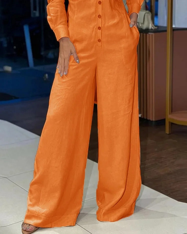 Women's Fashion Polo Collar Casual Solid Color Jumpsuit