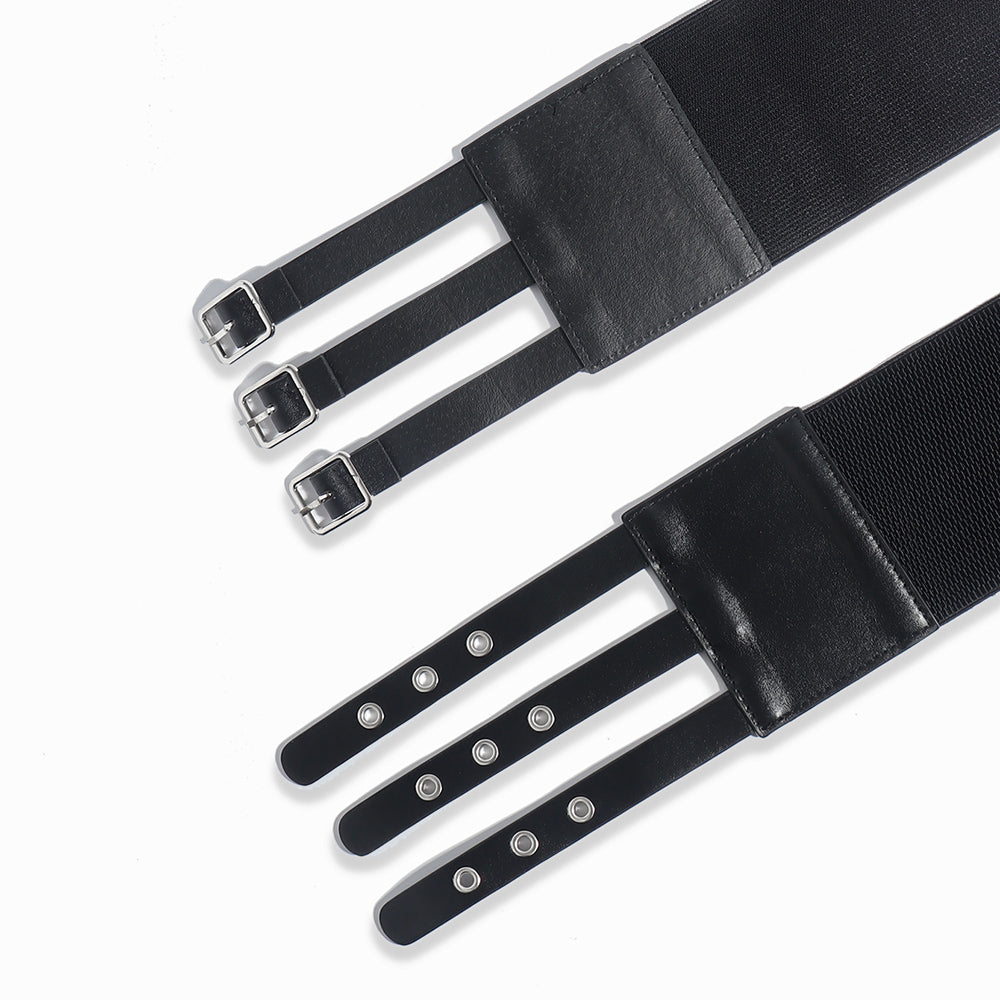 Retro Three-row Needle Buckle PU Belt Women's Belt Elastic Elastic Wide Waist Cover