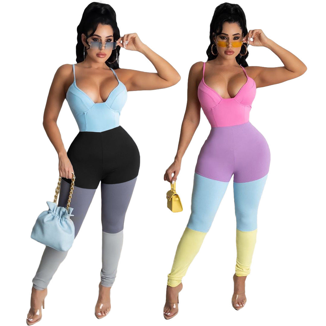 Multi-color Mosaic Vest Sexy Suspenders Jumpsuit