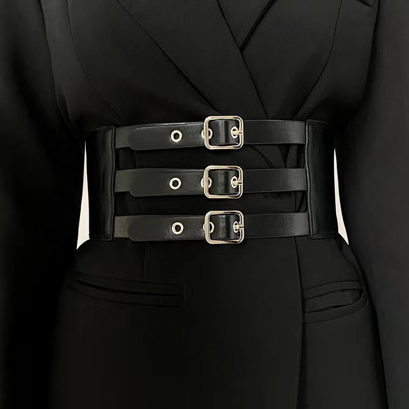 Retro Three-row Needle Buckle PU Belt Women's Belt Elastic Elastic Wide Waist Cover