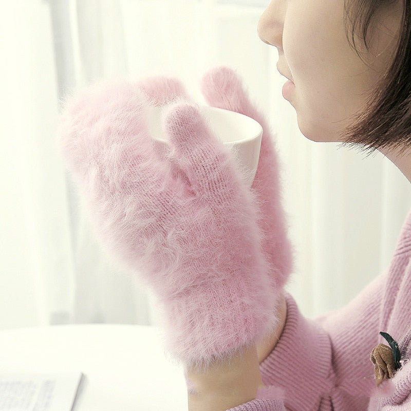 Rabbit fur warm gloves