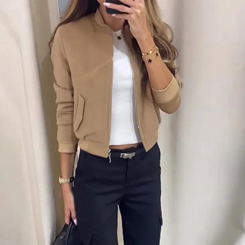 Khaki Polo Collar Short Top Straight-leg Pants Suit