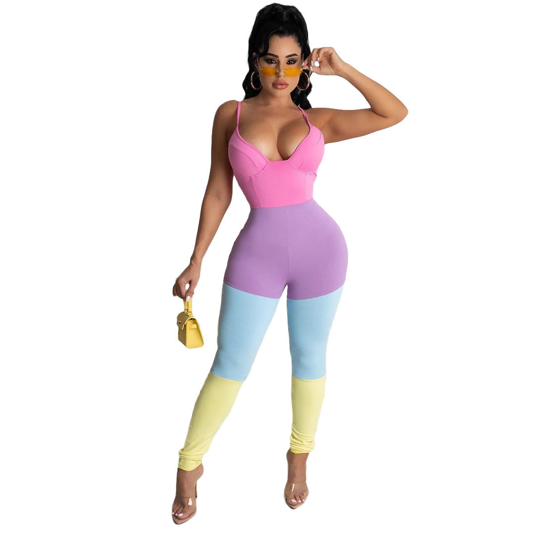 Multi-color Mosaic Vest Sexy Suspenders Jumpsuit