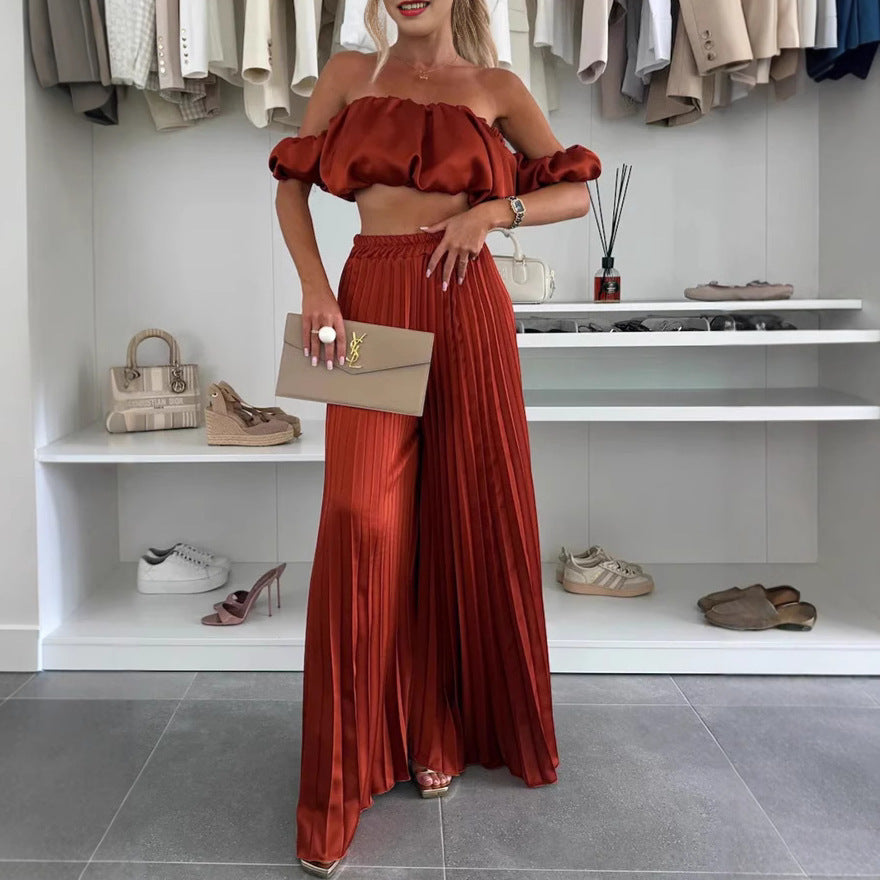 Women's Fashion Satin Tube Top Wide Leg Pants Suit