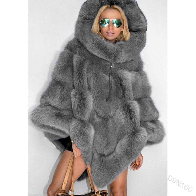 Solid Color Hooded Faux Fur Patchwork Loose Coat Elegant Commuter Cape Women's