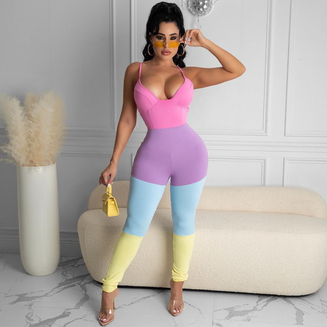 Multi-color Mosaic Vest Sexy Suspenders Jumpsuit