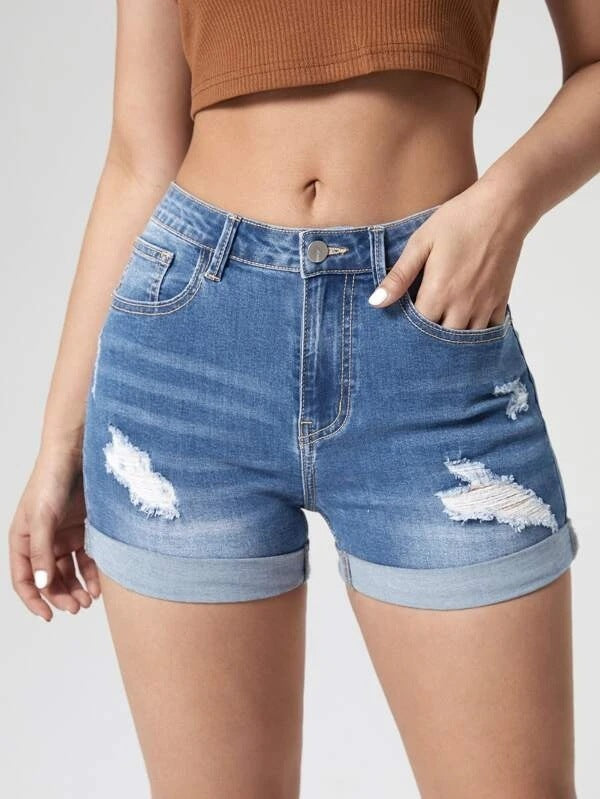 Women's Fashion Holes Curling High Elastic High Waist Denim Shorts