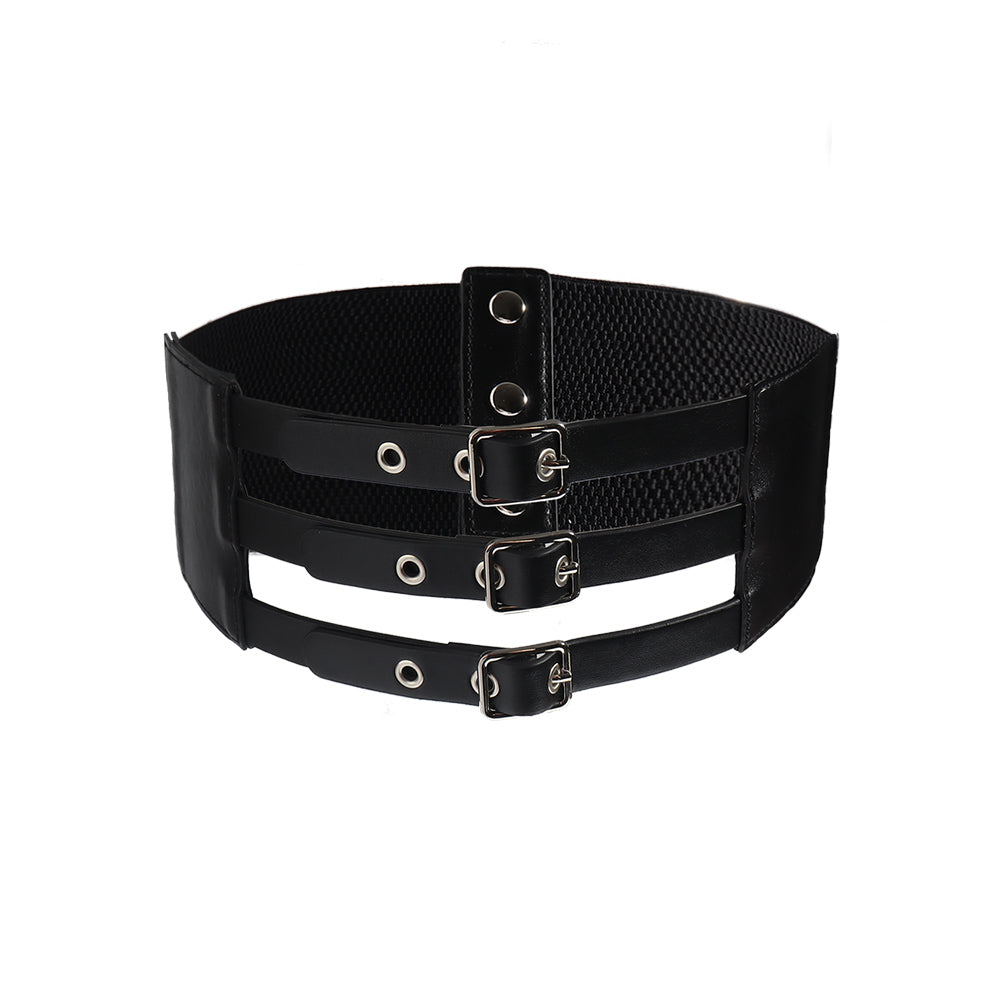 Retro Three-row Needle Buckle PU Belt Women's Belt Elastic Elastic Wide Waist Cover