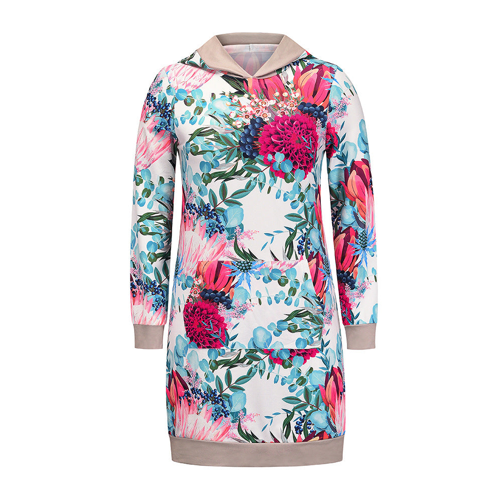 New Style Loose Long-sleeved Hooded Print Contrast Dress