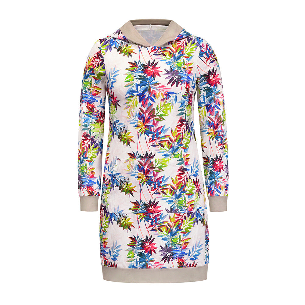 New Style Loose Long-sleeved Hooded Print Contrast Dress