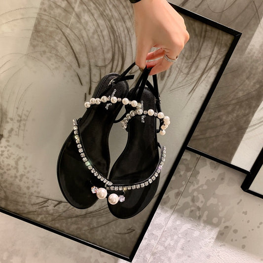 Women's Rhinestone Pearl Thong Flat Sandals