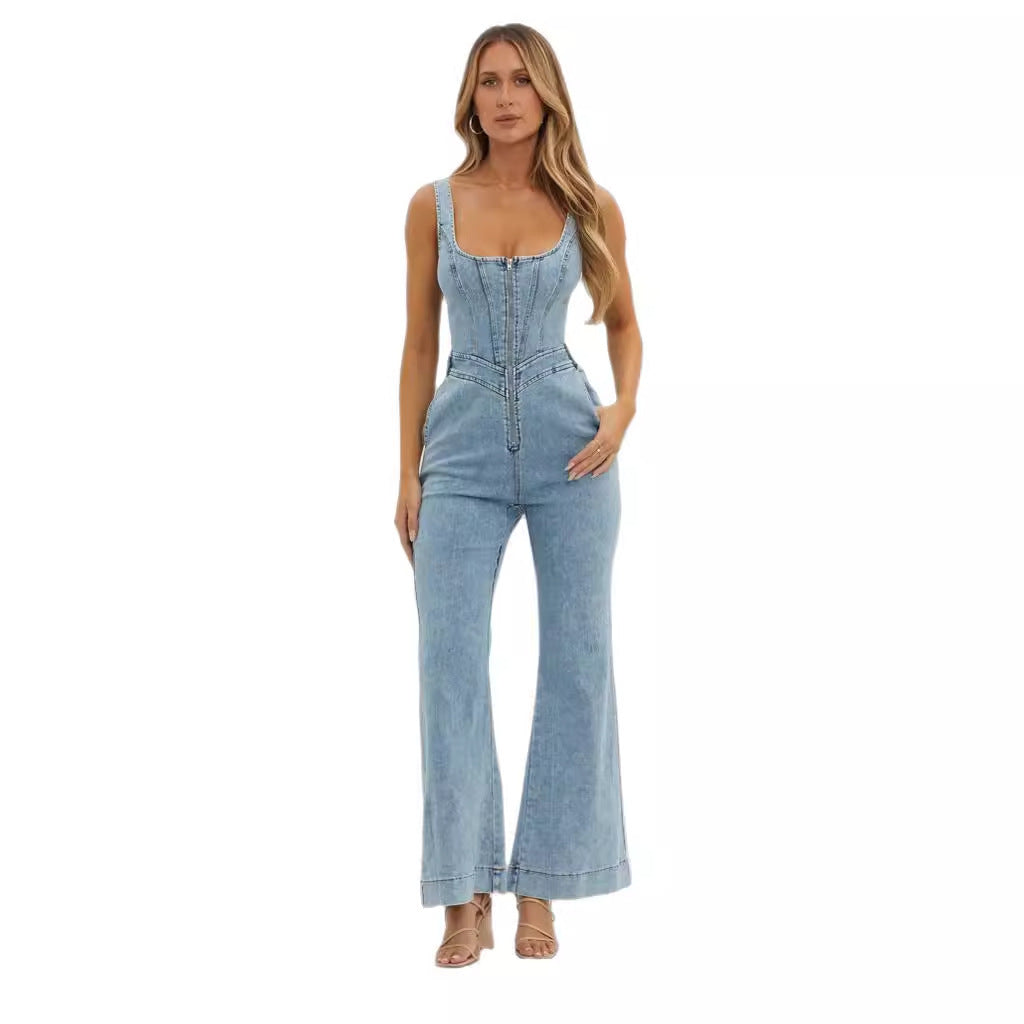 Adjustable Shoulder Strap Slim Cowboy Siamese Trousers Overall