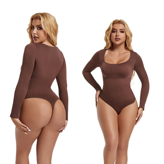 Seamless Threaded Square-neck Waist-cinching Button-front Shapewear Bodysuit