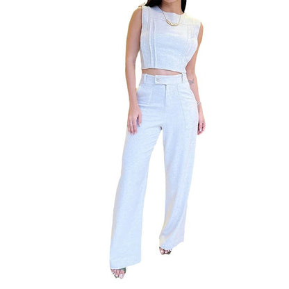 Fashion Round Neck Sleeveless Midriff-baring Short Top Casual Trousers Suit