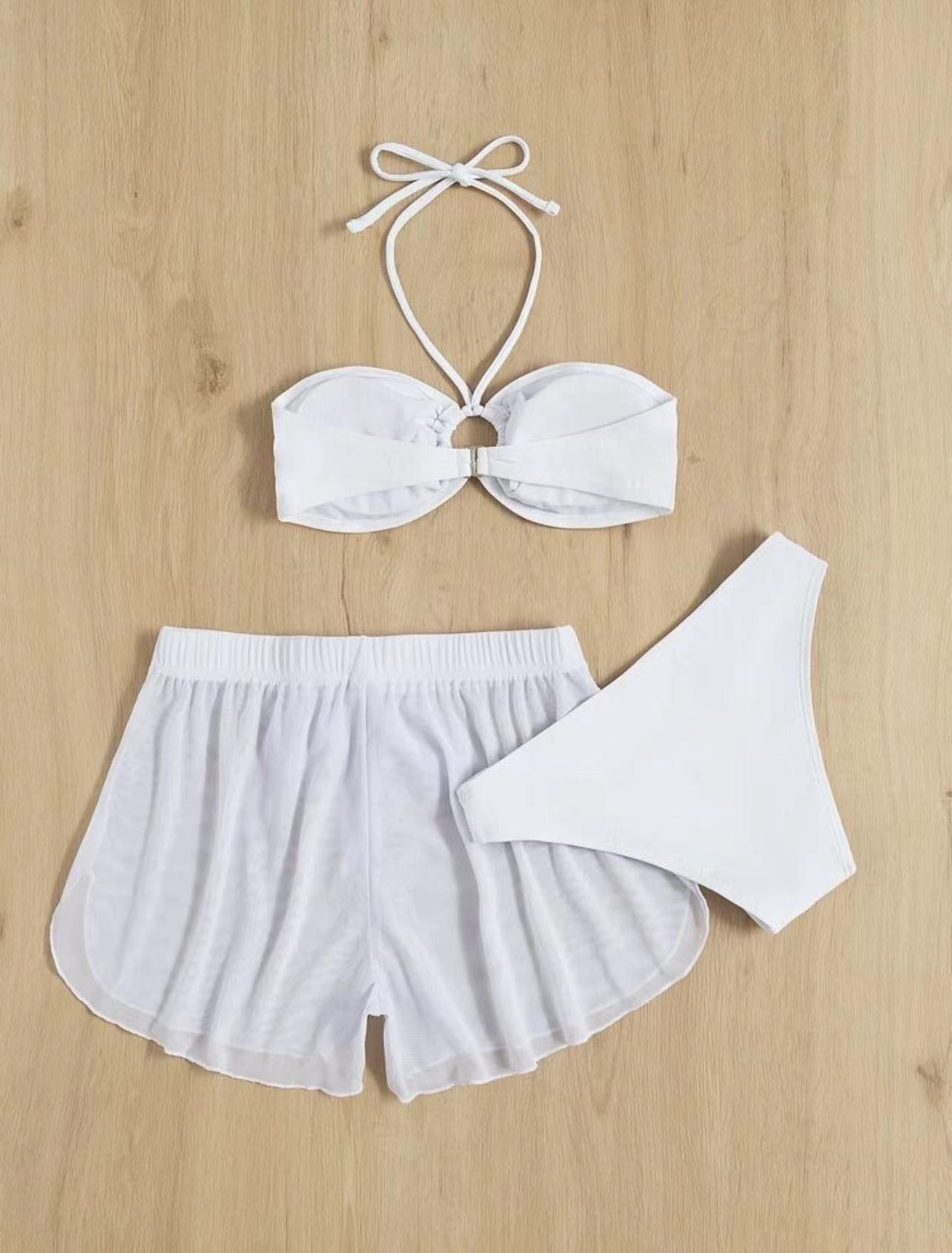 Split Three-piece White Solid Color Swimsuit