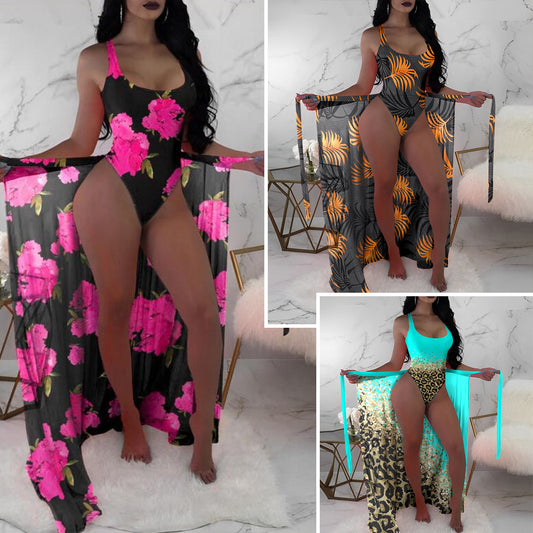 Women's Three-piece Set Mesh Outerwear Printing Color Contrast Bikini