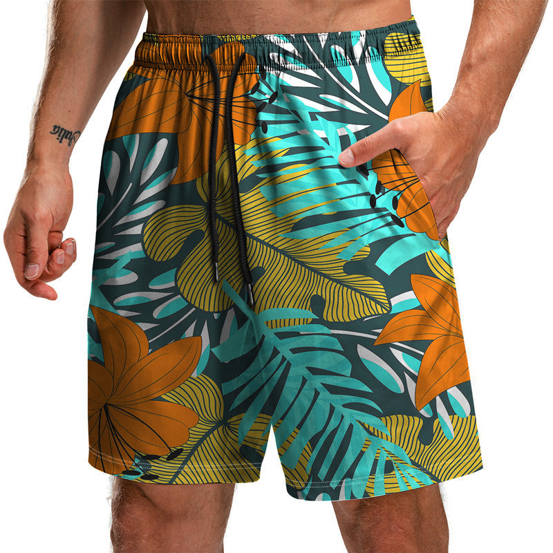 Summer New Leaf Series 3D Printed Shorts Loose Beach Pants Fashion Casual Shorts Men