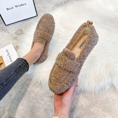 Winter Plush Flats Shoes Ins Fashion Slip On Loafers Women's Warm Peas Shoes